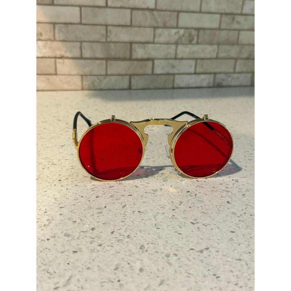 Vintage Steampunk Flip-Up Retro Round Sunglasses Gold Frame with Red Lenses E905